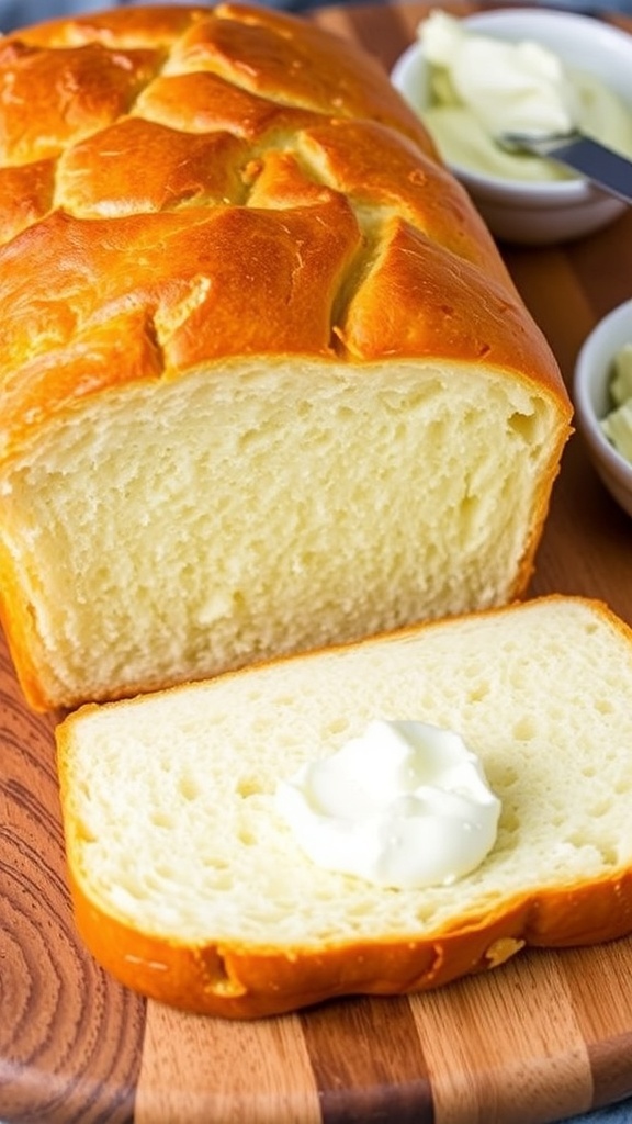 A golden brown loaf of yogurt cream cheese bread sliced on a wooden board, with cream cheese spread and knife beside it.